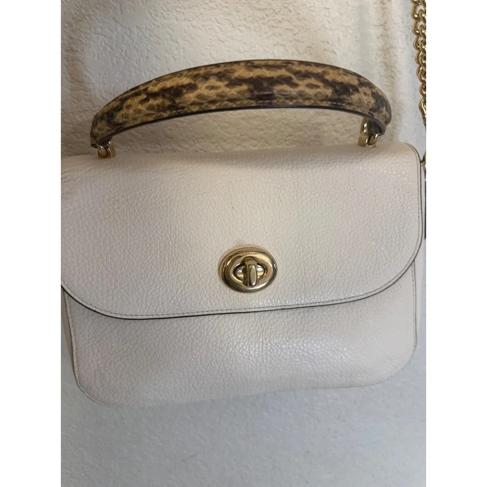 Coach Chalk White Pebbled Leather Top Handle Crossbody Bag Snakeskin Trim Gold